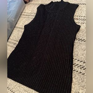 black knit mock neck sweater vest with blue sparkles